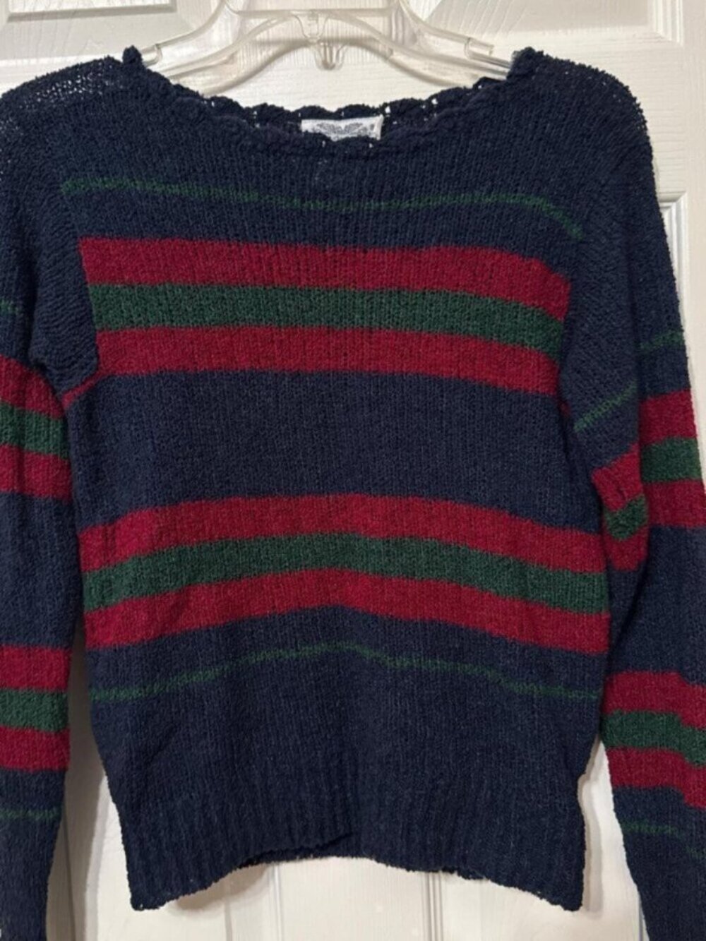 Navy blue, green, and red striped sweater with braided trim #preppy #winter